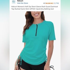 Blue Swim Shirt with Half-Zip V-Neck and Ruched Sides